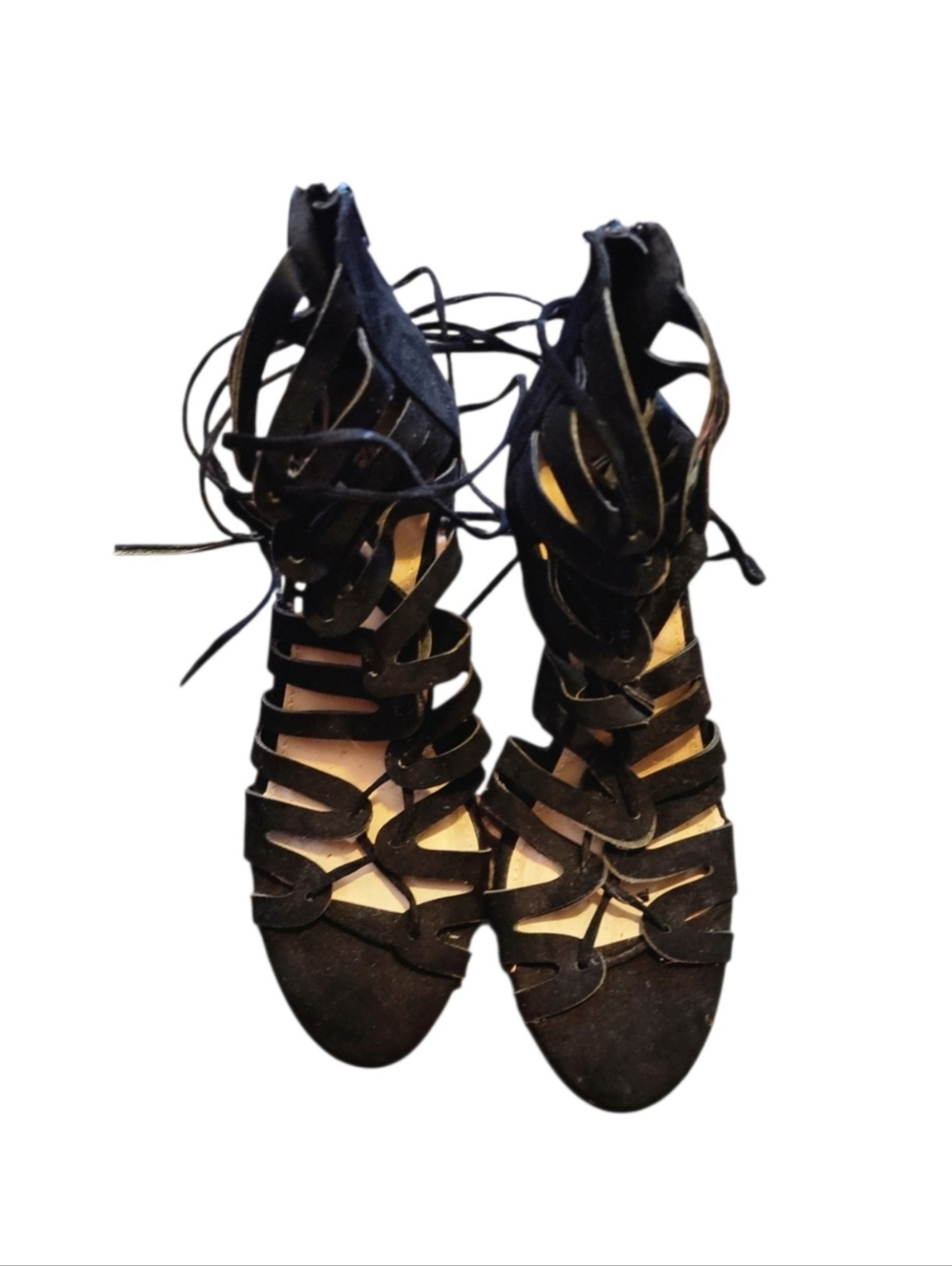 JustFab Black Lace Up Cage Gladiator Block Heels, 8.5
